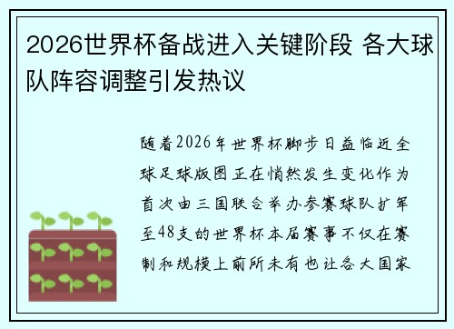 2026世界杯备战进入关键阶段 各大球队阵容调整引发热议 2026世界杯备战进入关键阶段 各大球队阵容调整引发热议