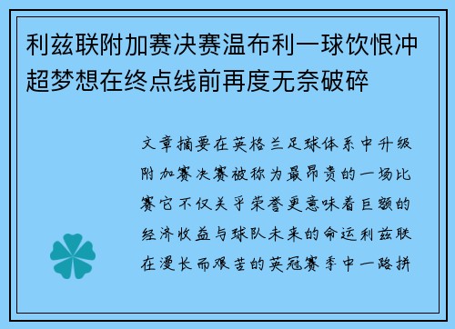 利兹联附加赛决赛温布利一球饮恨冲超梦想在终点线前再度无奈破碎 利兹联附加赛决赛温布利一球饮恨冲超梦想在终点线前再度无奈破碎