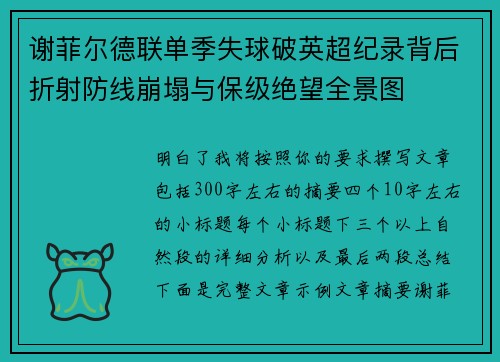 谢菲尔德联单季失球破英超纪录背后折射防线崩塌与保级绝望全景图 谢菲尔德联单季失球破英超纪录背后折射防线崩塌与保级绝望全景图